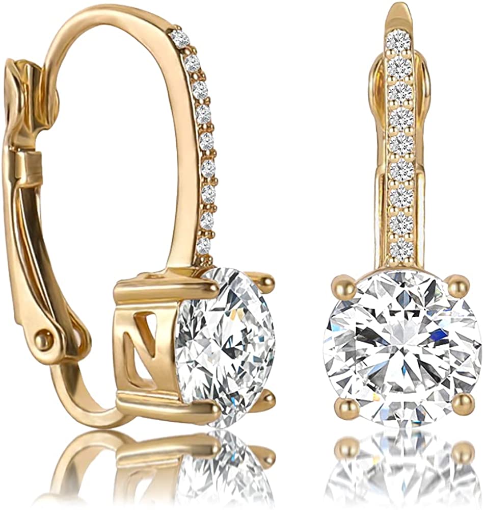 Ladies 1 Carat Diamond Pendant Earrings 18K Gold Plated Cubic Zirconia Hanging Lever Bridal Earrings Girls and Women's Fashion Jewelry - Image 2